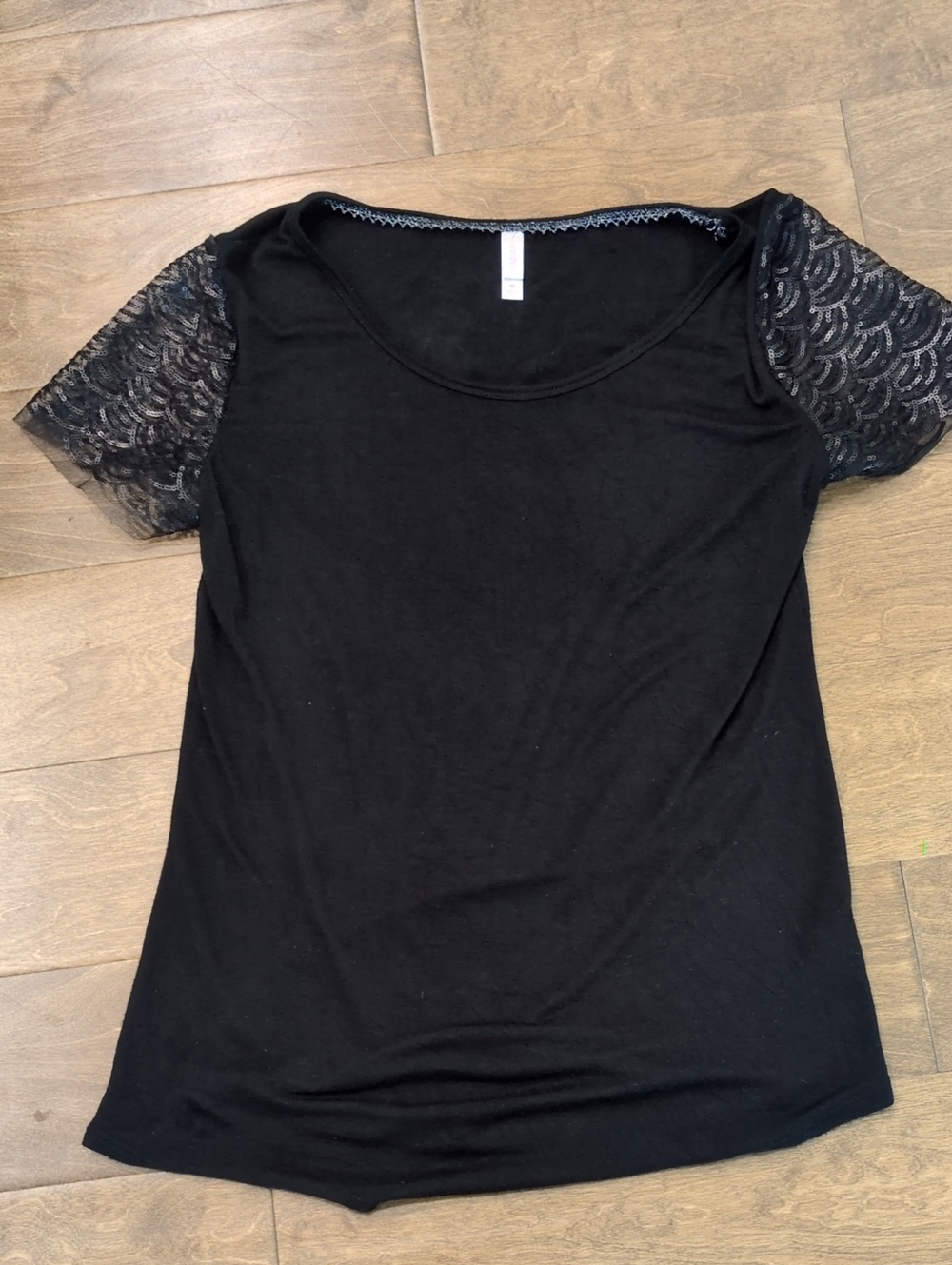Xhilaration Black Scoop Neck Top with Lace Short Sleeves Size Medium